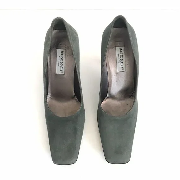 Bruno Magli Women’s Square Toes Suede Pumps Heels Dark Olive Green - Picture 2 of 12